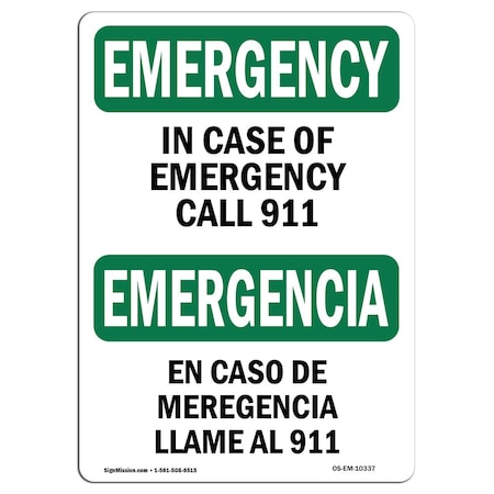 OSHA EMERGENCY Sign, In Case Of Call 911 Bilingual, 14in X 10in Decal